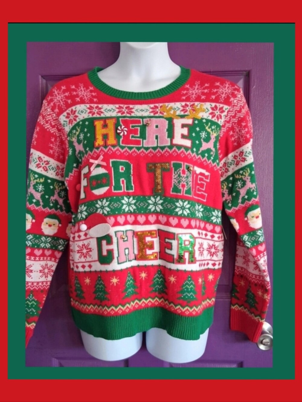 Festive Red and Green Holiday Sweater - 'Here for the Cheer'